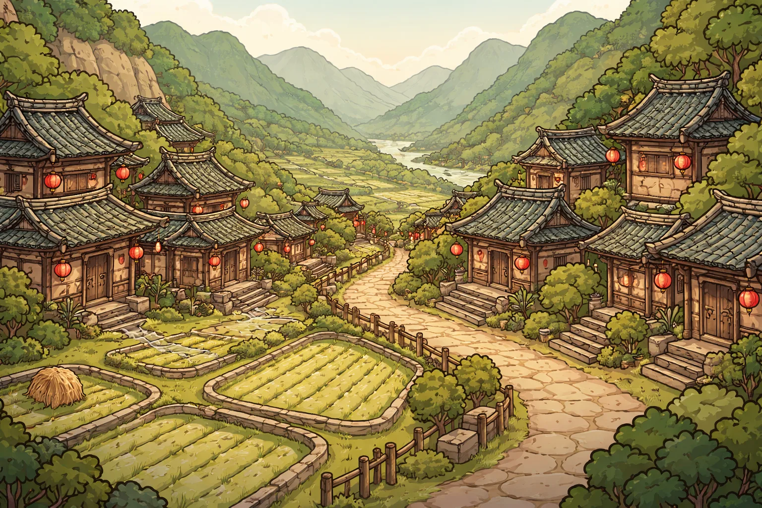 A pixel-art village at dusk from Second Language RPG