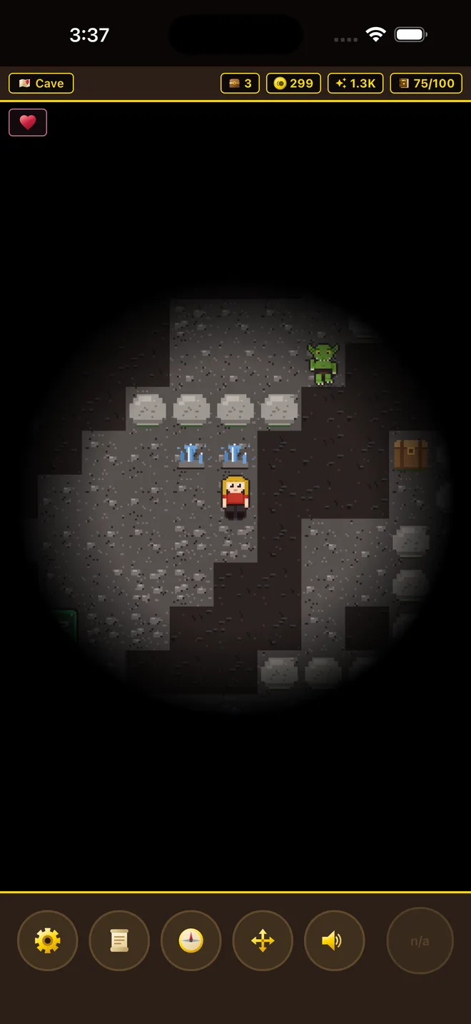 A dark cave with a goblin and a treasure chest, lit by a lantern. Second Language RPG on iOS.