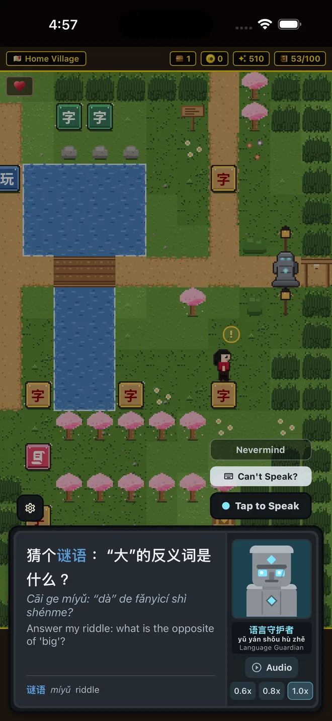 A Language Guardian asking a riddle that is answered by speaking. Second Language RPG on iOS.