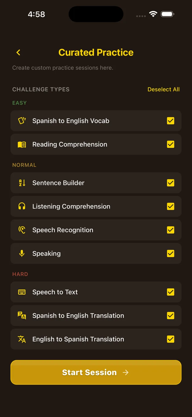 Curated practice: choosing challenge types from vocab to translation. Second Language RPG on iOS.