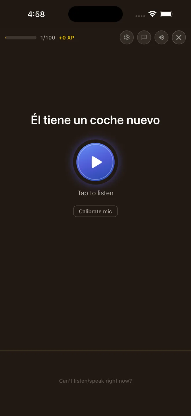 A speaking challenge: listen to a Spanish sentence and repeat it. Second Language RPG on iOS.