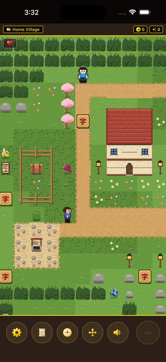 Exploring the home village, with vocabulary tiles along the paths. Second Language RPG on iOS.